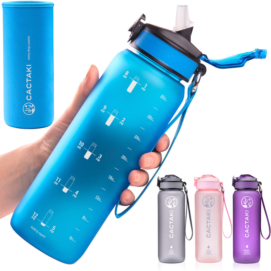 32 oz Water Drinking Bottle with Time Marker, Straw & Strap - Stay Hydrated - Hydration Tracker & Reminder to Drink - Daily & Hourly Measurement Markings - Leak Spill Proof & BPA Free - Grey