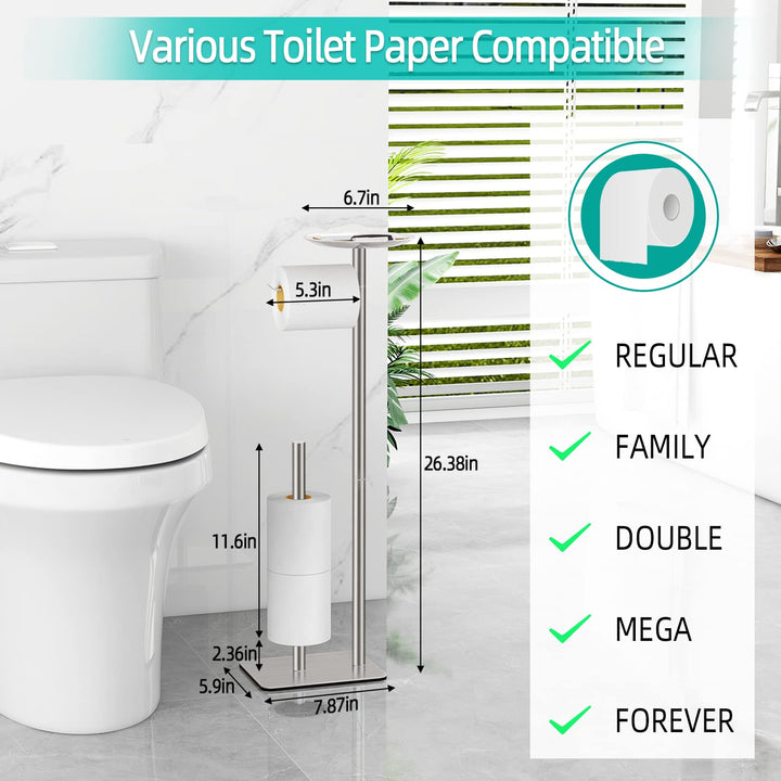 Toilet Paper Holder Stand for Bathroom Floor Standing Toilet Roll Dispenser Storages 4 Reserve Rolls, with Top Storage Shelf for Cell Phones, Wipe, Wallet and More(Brush Nickel)
