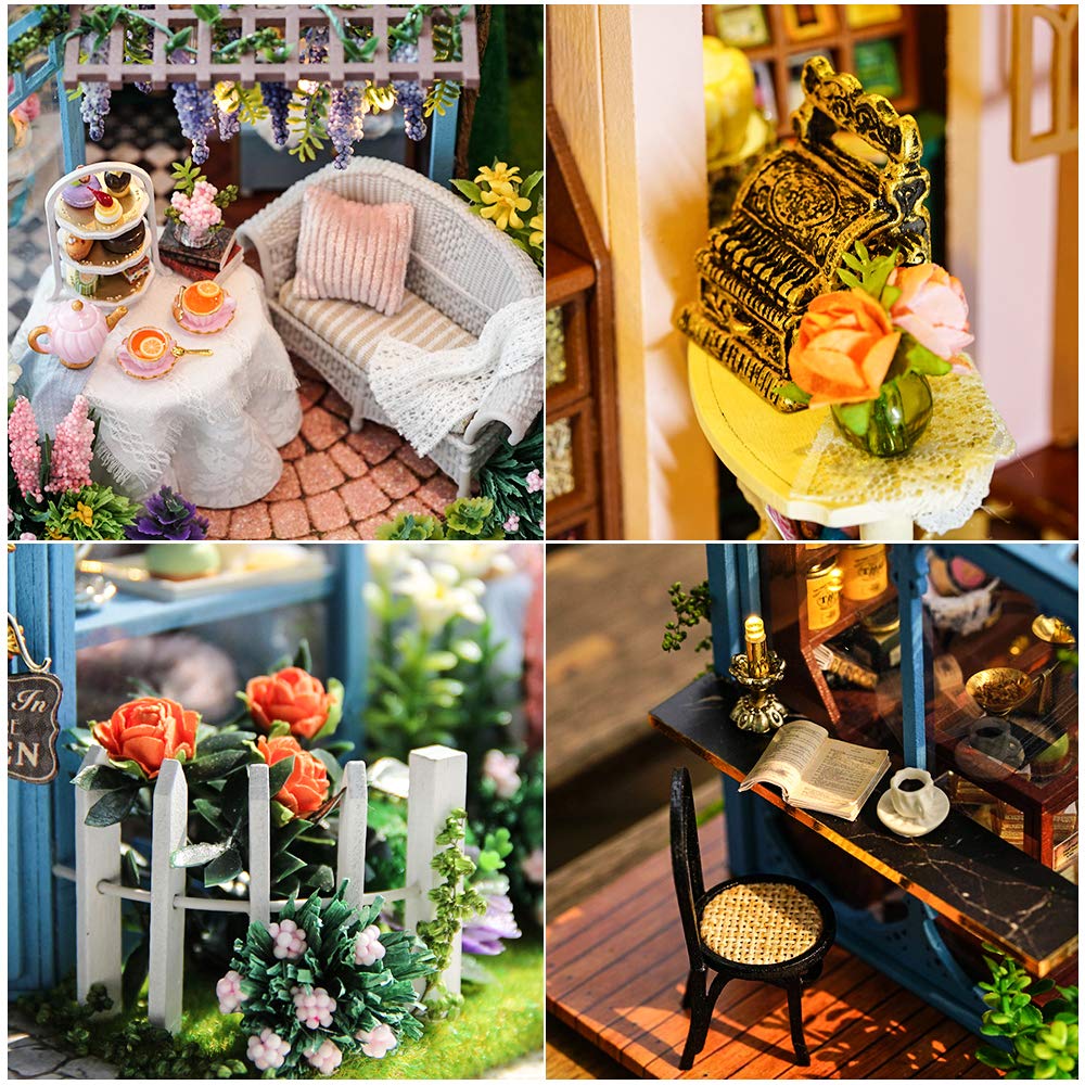 DIY Dollhouse Miniature Kit with Furniture, 3D Wooden Miniature House with Music Box Dollhouse Kit (Garden Tea House)