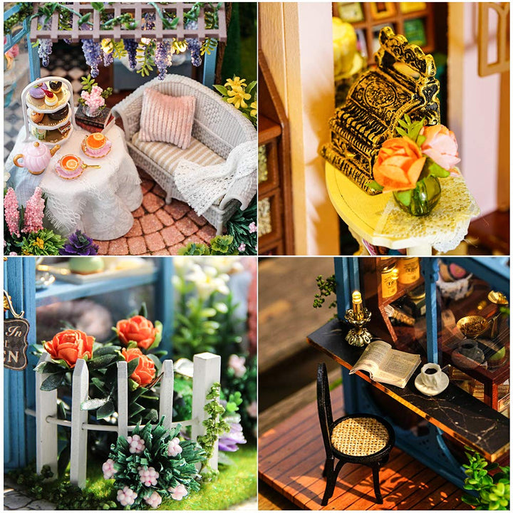 DIY Dollhouse Miniature Kit with Furniture, 3D Wooden Miniature House with Music Box Dollhouse Kit (Garden Tea House)
