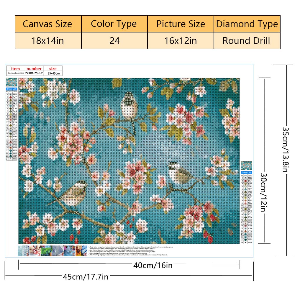 5D Diamond Painting Kits for Adults Beginner Flower, Birds in The Branches Full Drill Round Crystal Rhinestone Diamond Painting Art for Home Wall Decor Unique Gift (12 x 16 inch)