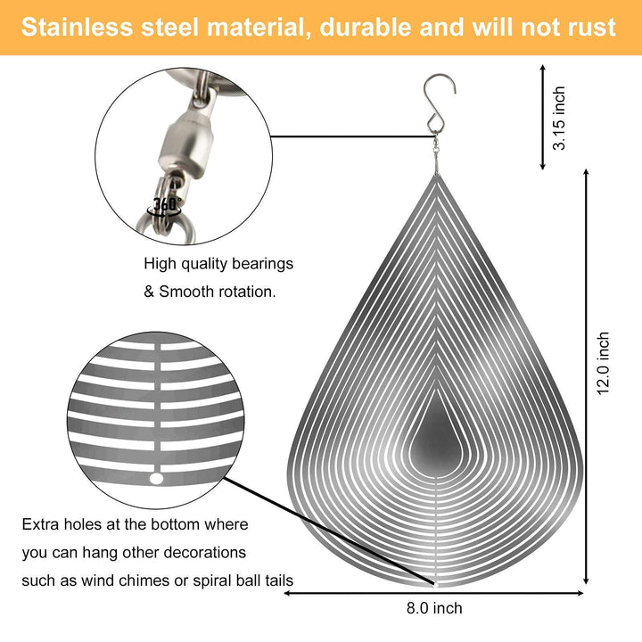 Wind Spinner Stainless Steel 3D Flowing Light Effect Decoration for Outdoor Garden Hanging Decor Gifts 12“x 8“ Silver Water Drop-Shaped Spinners with 360° Rotating Hook