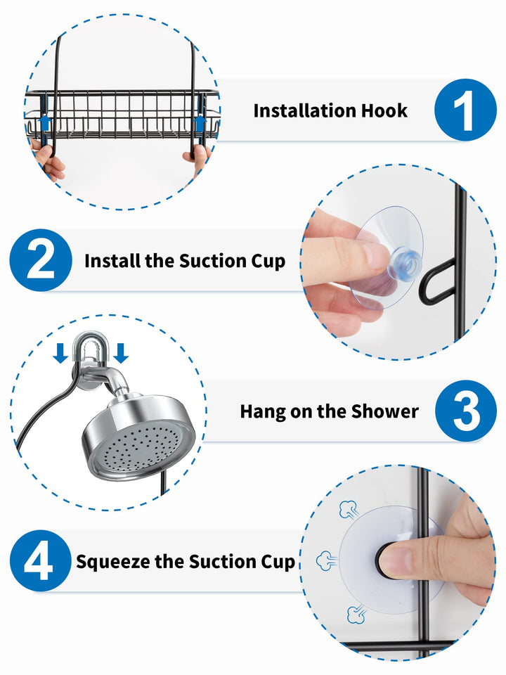 Hanging Shower Head Caddy, No Drilling, Stainless Steel Storage Rack for Toilet, Bathroom and Shower Room, Rustproof Bathroom Shower Shelf Organizer, Black