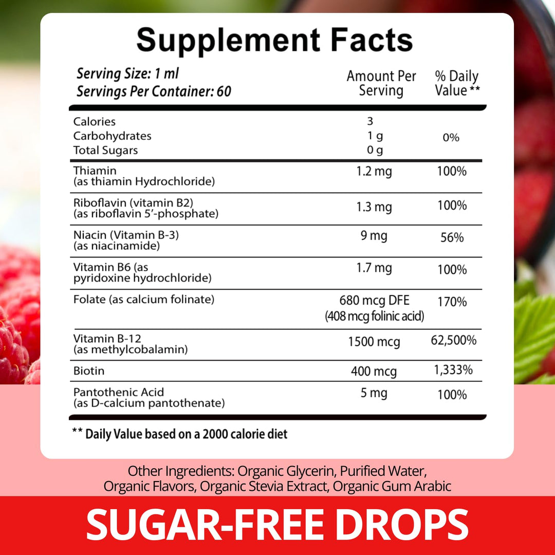 Vitamin B Complex with 20000 mcg - Extra Strength for Men and Women - Vegan| Raspberry Liquid Drops| USA Made, B1, B2, B3, B5, B6, Biotin, Folic Acid &amp; B12 Sublingual Methylcobalamin | 4 Months Supply
