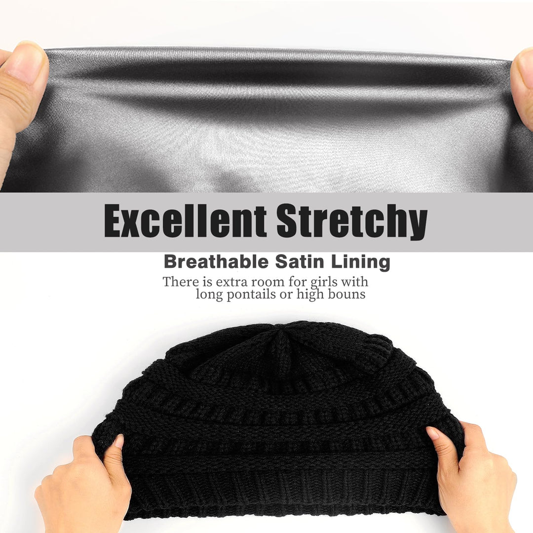 Womens Satin Lined Winter Hats Cable Knit Beanie for Men Silk Lining Thick Chunky Cap Soft Slouchy Warm Hat Black
