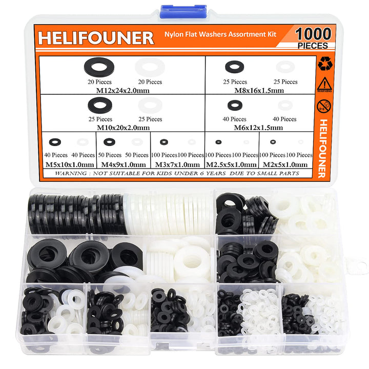 1000 Pieces 9 Sizes White/Black Nylon Flat Washers Assortment Kit - M2 M2.5 M3 M4 M5 M6 M8 M10 M12