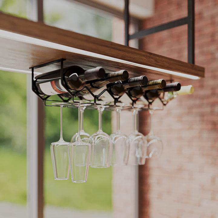 Piccola Under Cabinet Wine Rack &amp; Glasses Holder, Kitchen Organization with 6 Bottle Organizer Metal Black