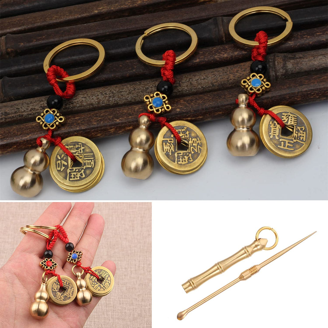 3 Pieces Chinese Gourd Brass Wu Lou Keychains with 1 Pcs Brass Ear Spoon Keychain, Feng Shui Coins Calabash Decorations Pendant for Good Luck, Wealth Success and Longevity, Blessing Paper in it