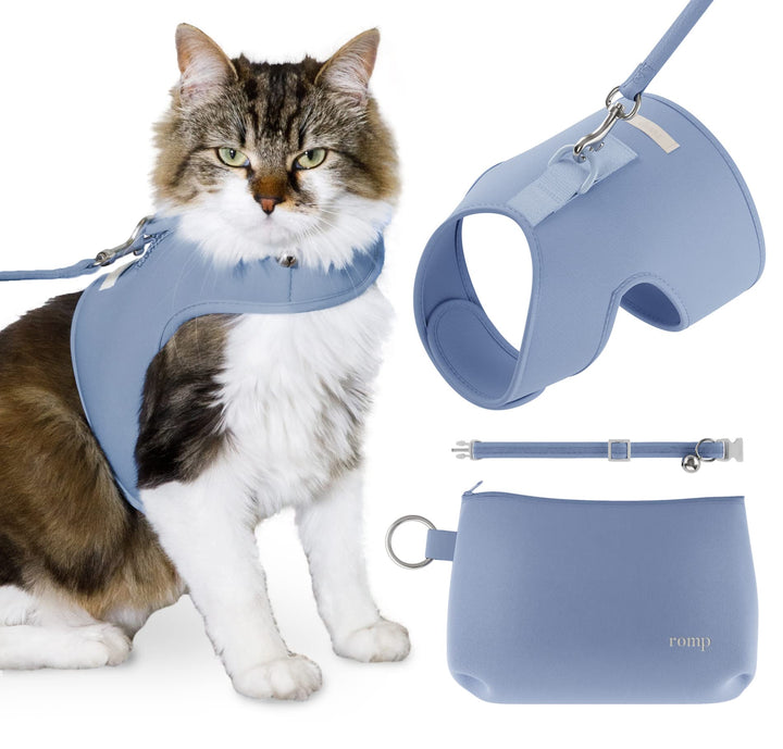 Cat Harness, Collar & Leash Set - Escape Proof Adjustable Choke Free Velcro Harness Vest for Walking Cats & Kittens (Cotton Blue, Medium)