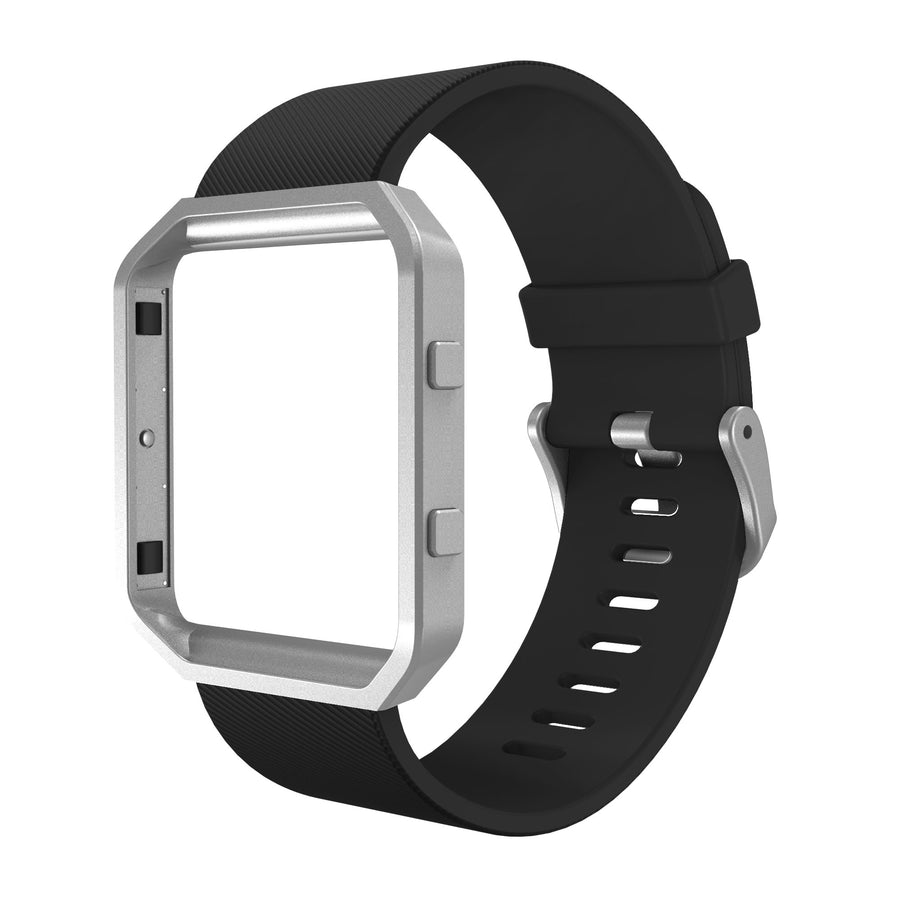 Sport Band Compatible with Fitbit Blaze Smartwatch Sport Fitness, Silicone Wrist Band with Meatl Frame Replacement for Fitbit Blaze Men Women, Large, Black Band+Silver Frame