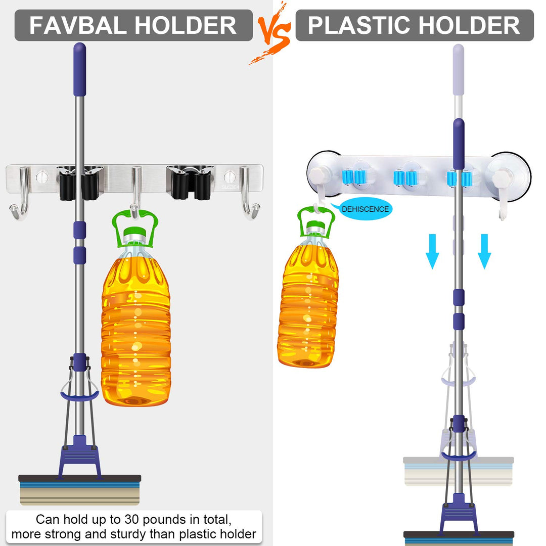 Stainless Steel Broom Mop Holder with 2 Racks and 3 Hooks, Wall Mounted Storage Organizer for Home, Kitchen, Garage, Garden