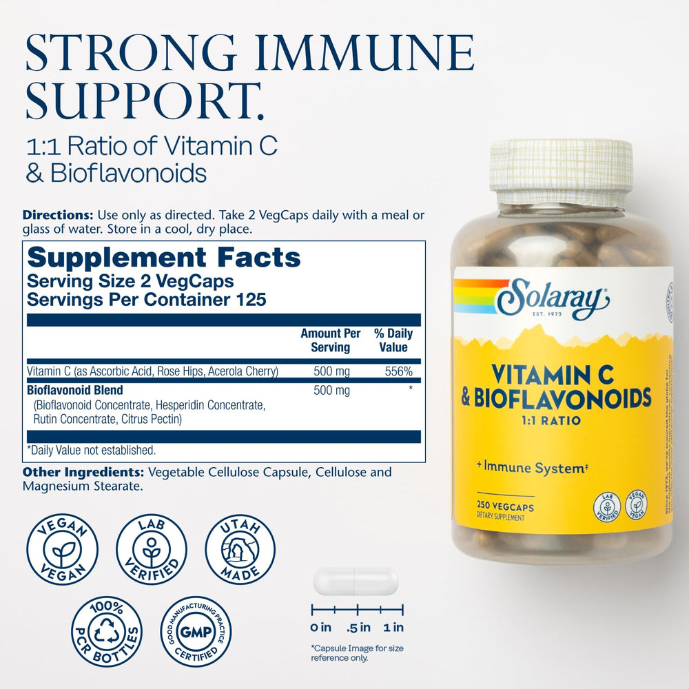 Vitamin C 500mg with Citrus Bioflavonoids, 1:1 Ratio - Antioxidant and Immune Support Supplement - Vitamin C with Rose HIPS and Acerola, Vegan, 60-Day Guarantee, 125 Servings, 250 VegCaps