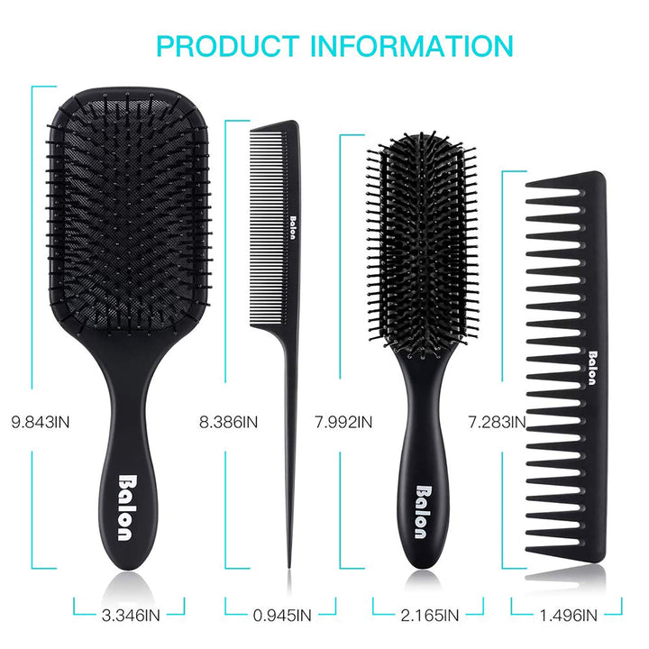 4Pcs Paddle Hair Brush, Detangling Brush and Hair Comb Set for Men and Women, Great On Wet or Dry Hair, No More Tangle Hairbrush for Long Thick Thin Curly Natural Hair (Black)