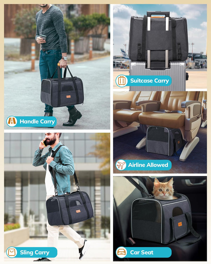 Cat Carrier - Soft Sided Cat Carrier Large for Big Medium Cats and Puppy up to 15lbs, Pet Carrier with Safety Zippers, Foldable Bowl, Airline Approved Large Cat Carrier - Dark Gray