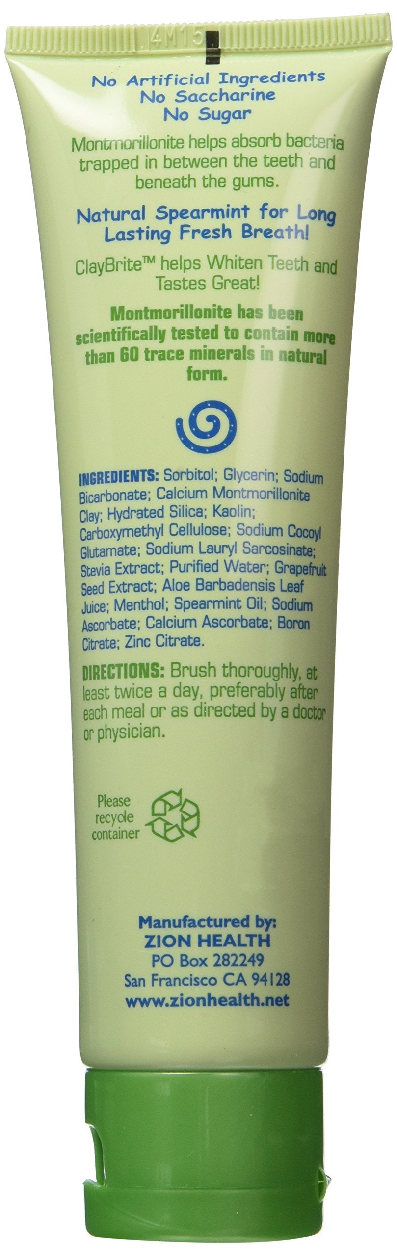 Zion Health Claybrite Natural Toothpaste, Natural Mint,