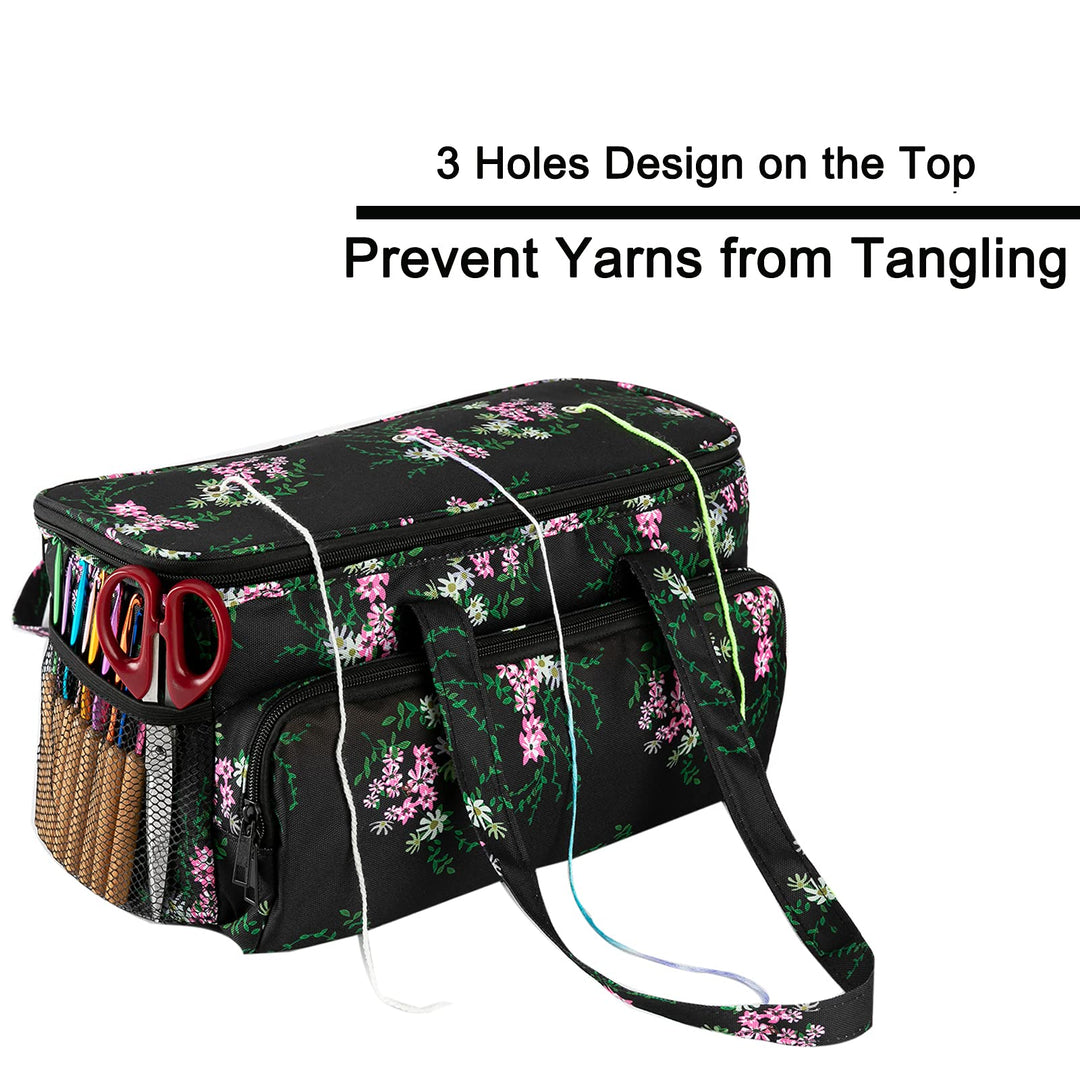 Yarn Storage Organizer Tote Bag Knitting Project Bag Yarn Holder Traveling Crochet Handbag Floral for Bulk Yarns,Crochet Hooks,Knitting Needle,Crochet Acessories (Black Handbag)
