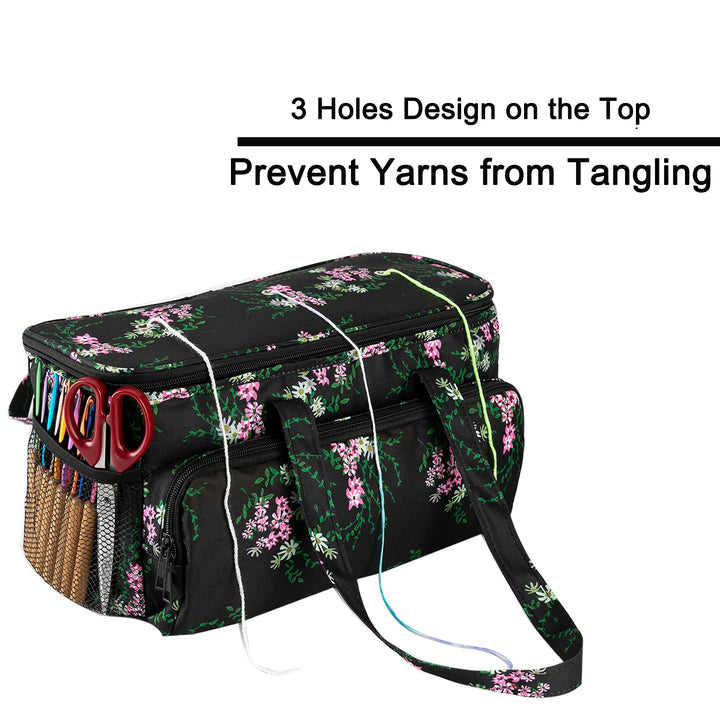 Yarn Storage Organizer Tote Bag Knitting Project Bag Yarn Holder Traveling Crochet Handbag Floral for Bulk Yarns,Crochet Hooks,Knitting Needle,Crochet Acessories (Black Handbag)