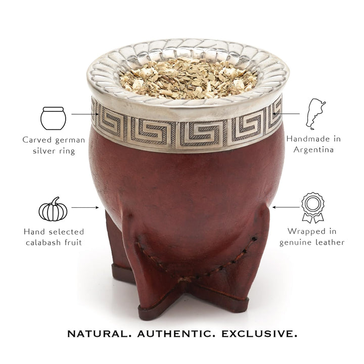 Premium Yerba Mate Gourd (Mate Cup) - Uruguayan Mate - Leather Wrapped - Includes Stainless Steel Bombilla and Cleaning Brush. (Imperial Dark Brown)