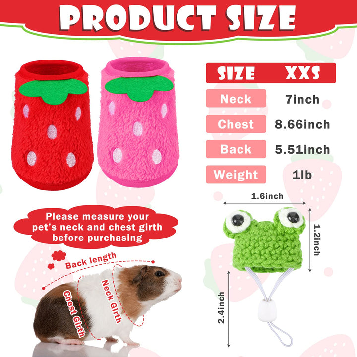 Mixweer 4 Pieces Guinea Pig Stuff Includes 2 Guinea Pig Clothes and 2 Cute Mini Hats with Adjustable Strap Small Animal Warm Vest Cozy Hand Knitted Hat for Guinea Pig Hamster Bunny (Frog Style)