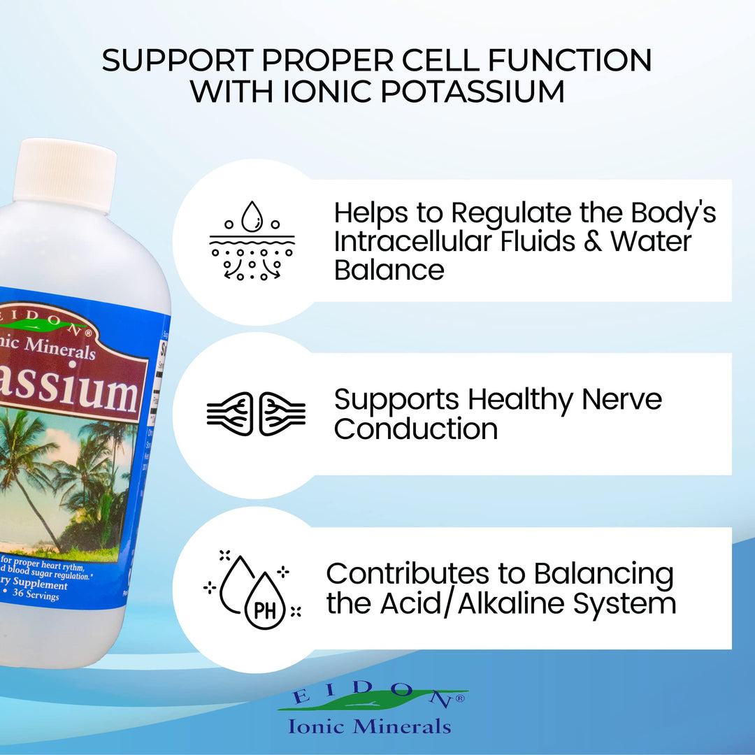 Liquid Potassium Supplement - Potassium Chloride Drops, Essential Electrolyte for Cell Function, Bioavailable Ionic Minerals, All Natural, No-Preservatives or Additives - 18 oz