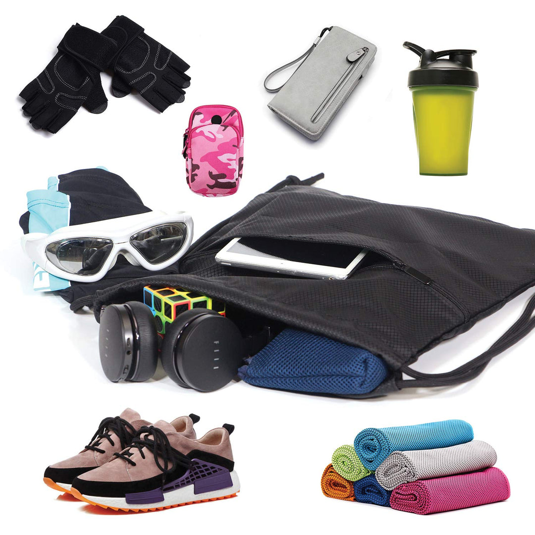 Drawstring Strings Bags with Pocket Sports Athletic Travel Gym Cinch Sack Lightweight Backpack for Men and Women, Black