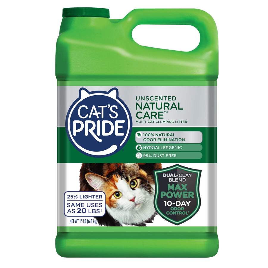 Max Power: Natural Care - Up to 10 Days of Powerful Odor Control - 100% Natural Odor Elimination - Hypoallergenic - 99% Dust Free - Multi-Cat Clumping Litter, Unscented, 15 Pounds