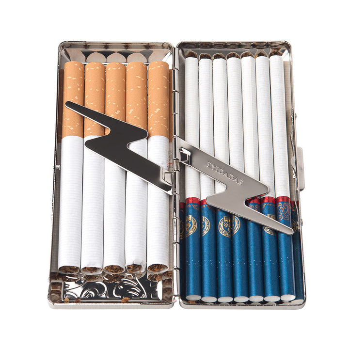 Metal Carry Cigarette Case, Double Sided Spring Clip,Holds 10 100mm Cigarettes (Vines Silver)