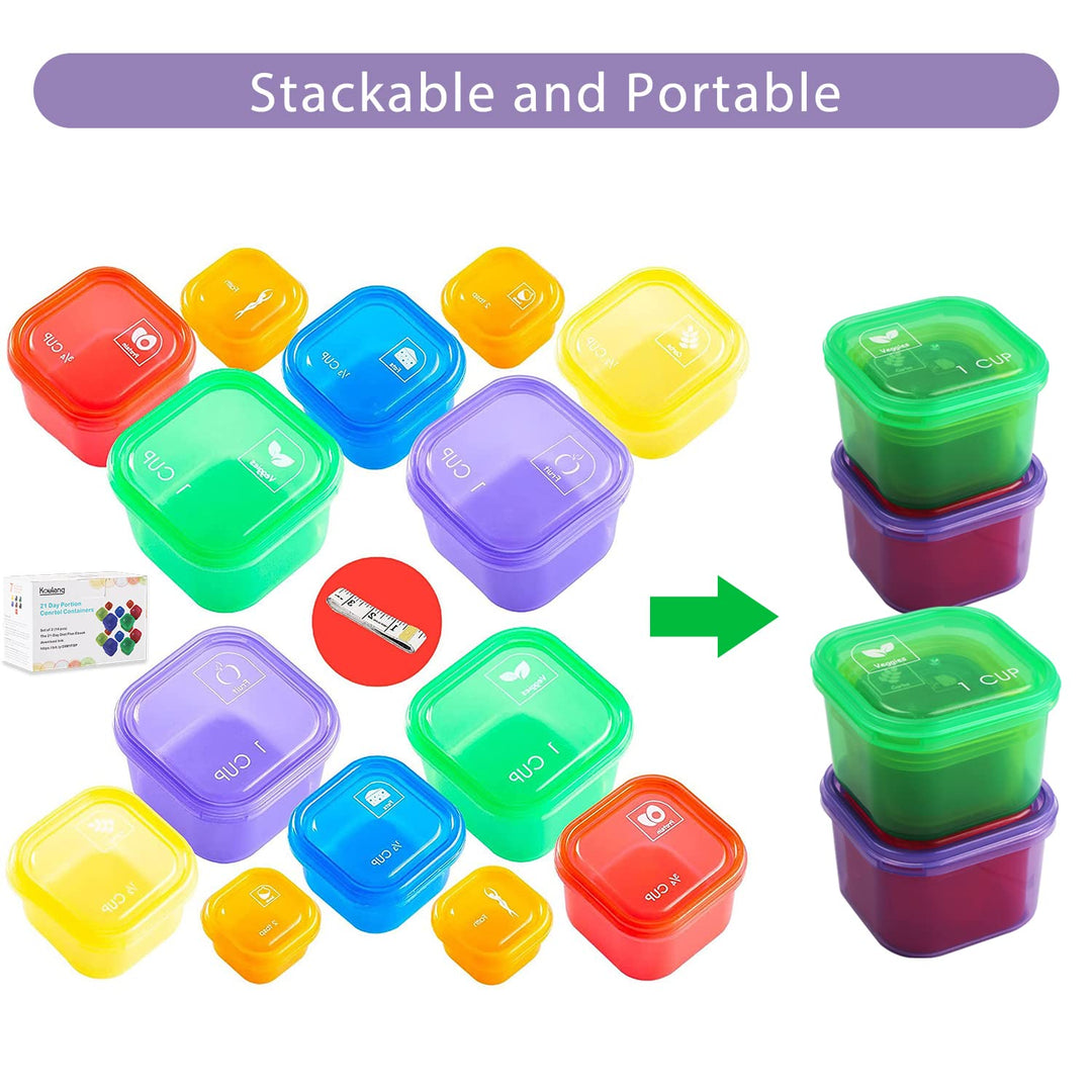 Portion Control Containers for Weight Loss (14 Piece) - 21 Day Fix Measuring Cups and Food Plan with Free eBook, Multi Color and Label Engraved Healthy Diet Containers
