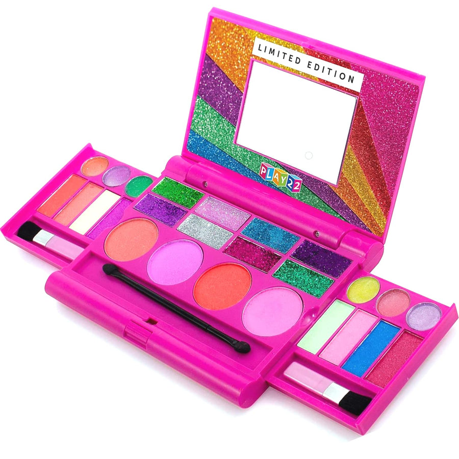 Real Washable Kids Makeup Palette For Girl - My First Princess Make Up Set Include 4 Blushes, 8 Eyeshadows, 6 Lip Glosses, 8 Glitter Glaze, Mirror, Brushes, Eyeshadow Wand - Best Gift