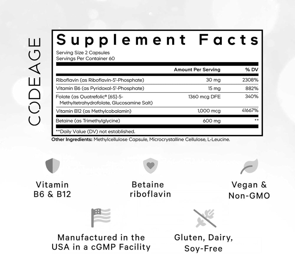 Methylfolate B Complex Supplements - 5 MTHF, Methylcobalamin 1000mcg Methylated Vitamin B12, Riboflavin, Betaine, Vitamins B6, Methylation Cycle MTHFR - 2 Months - 120 Capsules