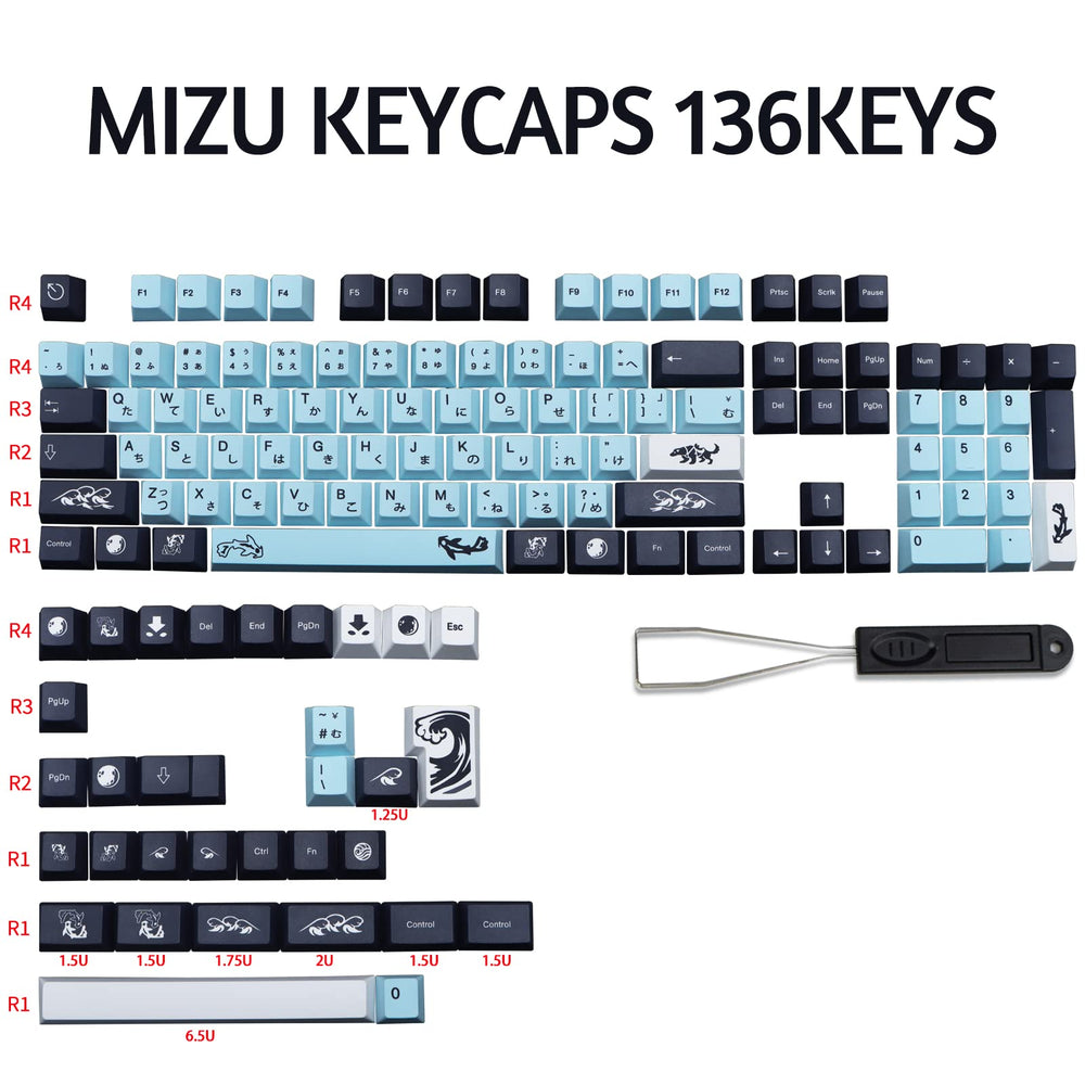 MIZHU Keycaps, 136 Set Keycaps MIZHU for Gaming Keyboard, PBT Cherry Profile Dye Sublimation Keycaps Sky Blue Japanese Font for Gateron Kailh Cherry MX 104/87/74/61 60 Keyboard