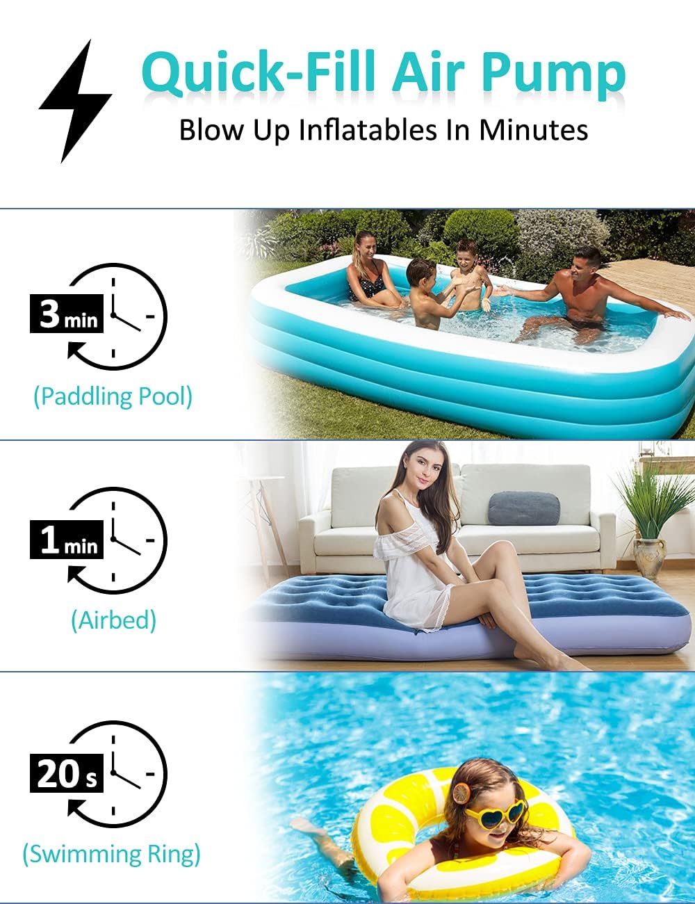 Electric Air Pump for Inflatables- 2000mAH Rechargeable Battery Powered Air Mattress Pump- Cordless Portable Air Pump, Quick-Fill Inflator Pump for Camping Air Mattress Bed, Pool Floats Toys, Boats