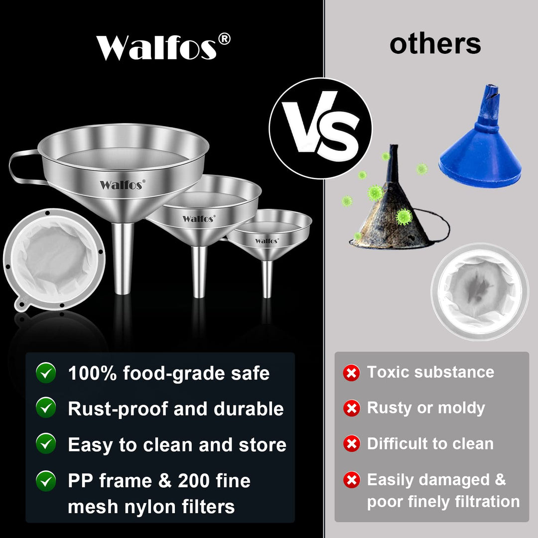 3Pcs Kitchen Funnel with 2 Removable Strainer &amp; 1 Cleaning Brush &amp; 1Pc 200 Mesh Food Filter Strainer, Food Grade Stainless Steel Funnel for Transferring of Liquid, Oils, Jam, Dry Ingredients