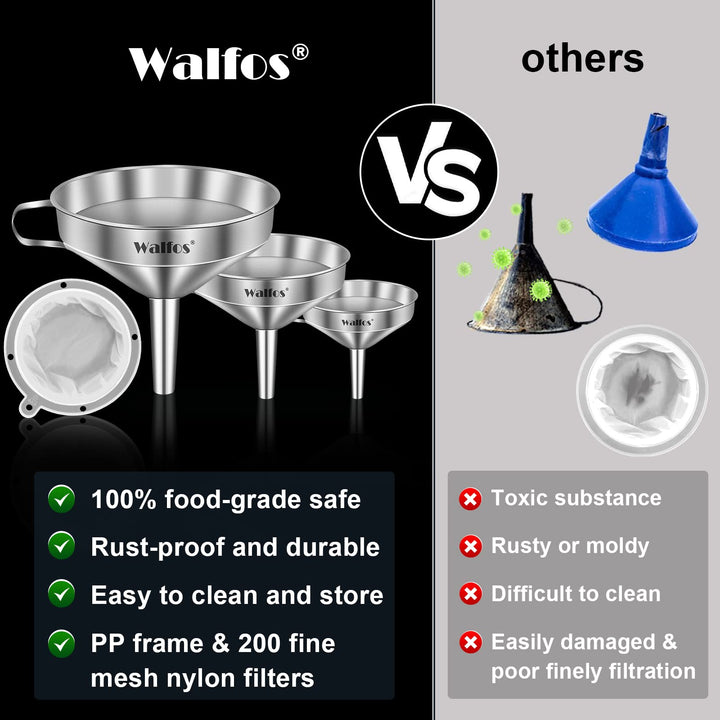 3Pcs Kitchen Funnel with 2 Removable Strainer &amp; 1 Cleaning Brush &amp; 1Pc 200 Mesh Food Filter Strainer, Food Grade Stainless Steel Funnel for Transferring of Liquid, Oils, Jam, Dry Ingredients