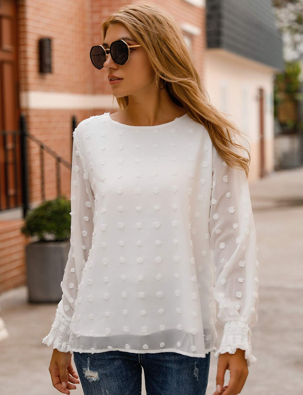 Womens Chiffon Blouses Elegant Lantern Long Sleeve Round Neck Tops Pom Pom Shirts(XXL,White)