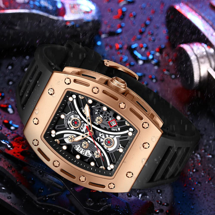 Watch Wristwatch Fashion Hollow Big Dial Luminous Waterproof Sport Analog Quartz Business Mens Watches Silicon Strap Dress Watch (Gold Black)
