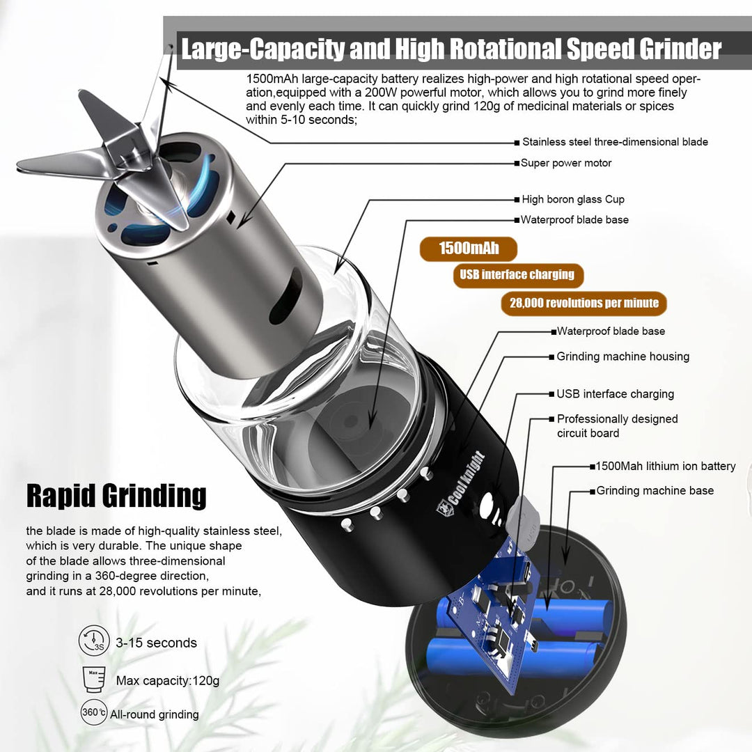 Electric Herb Grinder Electric Spice Grinder, USB Rechargeable 200W Cordless Electric Herb Grinder for Herbs, Spices, Seeds, etc.