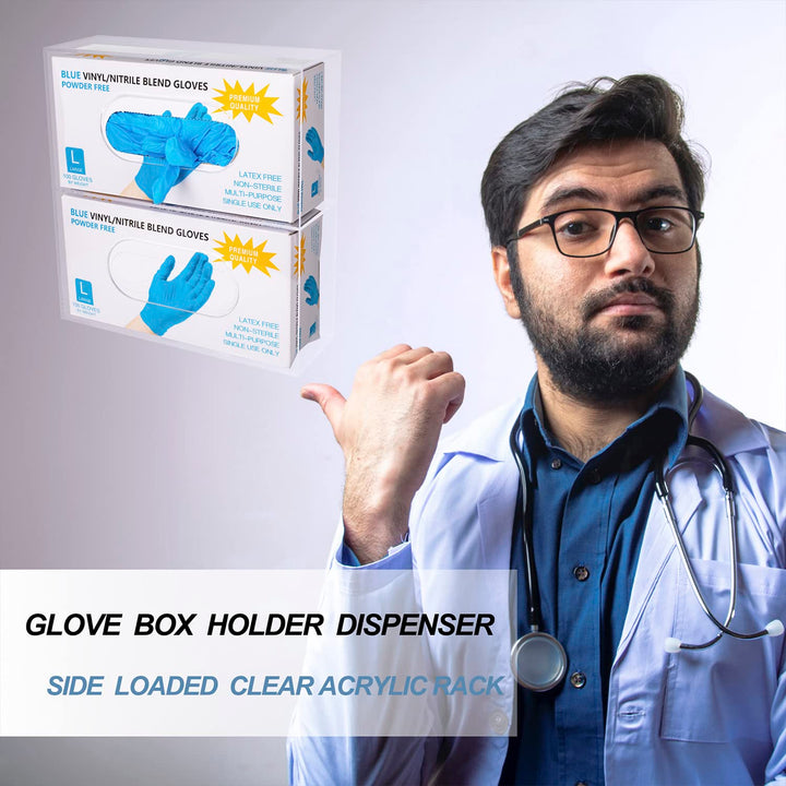 Glove Box Holder Dispenser Acrylic Double Side Loaded Clear Rack Storage Organizer for Medical, Latex, Rubber, Nitrile, Exam, Disposable Glove Boxes and Face Mask Holder Standing or Wall Mount