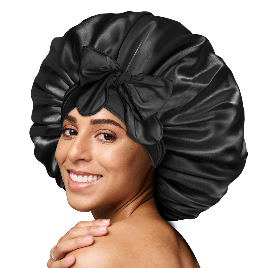Silk Bonnet for Sleeping Women Satin Bonnet Hair Bonnet Large Bonnet Night Sleep Cap Scarf Wrap for Curly Hair with Tie Band Black