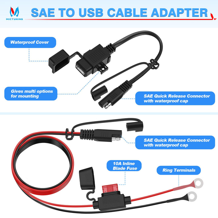 SAE to USB Cable Adapter Waterproof USB Charger Quick 2.1A Port with Inline Fuse for Motorcycle Cellphone Tablet GPS and More