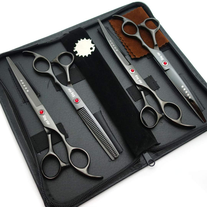 7.0in Titanium Black Professional Pet Grooming Scissors Set,Straight &amp; Thinning &amp; Curved Scissors 4pcs Set for Dog Grooming,(Black)