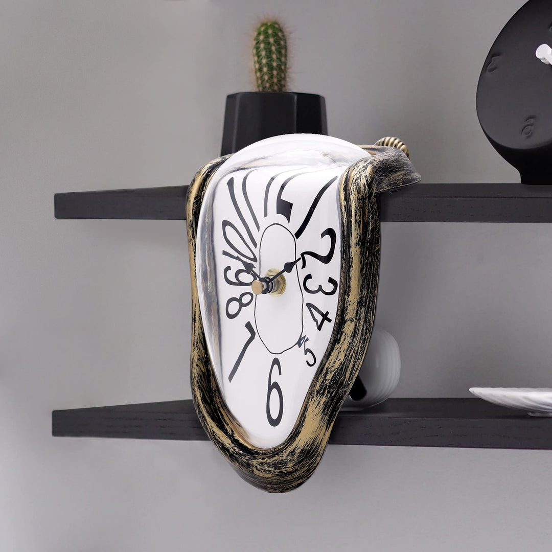 Silent Melting Clock Antique Gold, Salvador Dali Watch Melted Clock, Surrealism Dripping Clock, Funny Creative Gift Shelf Clock for Home Kitchen Office Desk Table
