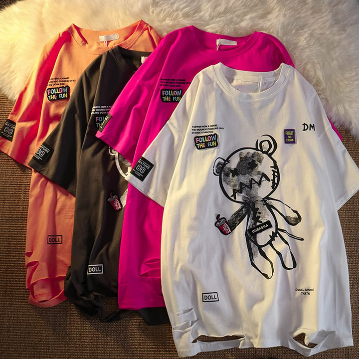 Women Goth T shirt Y2K Harajuku Graphic Tops Cotton Anime Clothes (Grey, L)