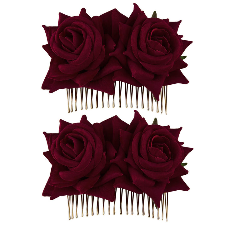Crownguide 2-Pack Rose Flower Bridal Hair Combs Women Wedding Hair Accessories Pieces For Brides Flamenco Dancer Hairstyles Burgundy
