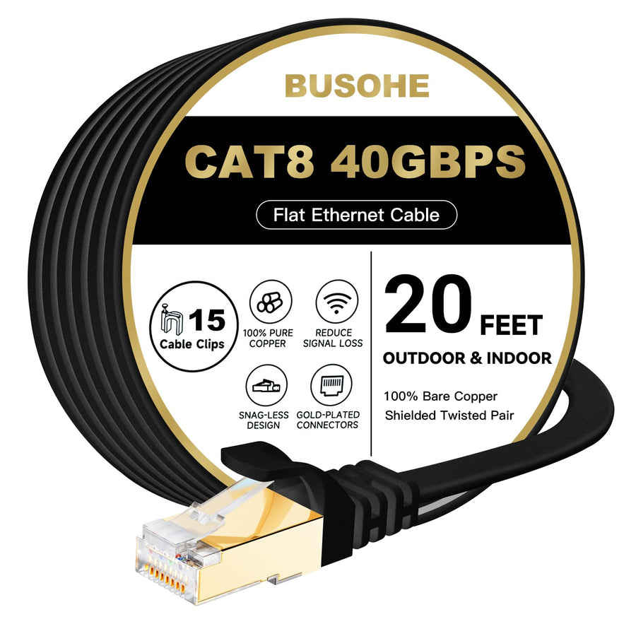 Cat 8 Ethernet Cable 20 FT, 40Gbps 2000MHz Cat8 High Speed Flat Internet Network Patch Cord, SFTP Shielded Lan Wire with Gold Plated RJ45 Connector for Outdoor Indoor, with 15 Clips- 20FT Black