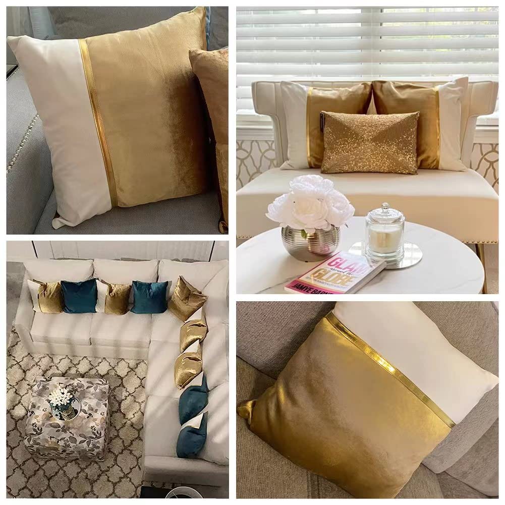 2 Packs Black Decorative Throw Pillow Covers 20x20 Inch for Living Room Couch Bed, Black and White Velvet Patchwork with Gold Leather, Luxury Modern Home Decor, Accent Cushion Case 50x50 cm