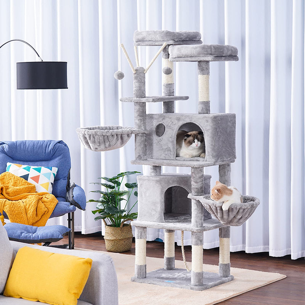 Cat Tree,Cat Tower,Cat Condo with Scratching Posts,Basket,2 Caves,2 Plush Perches,Activity Center with Removable Fur Ball Sticks,Light Grey MPJ027W