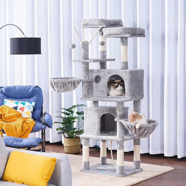Cat Tree,Cat Tower,Cat Condo with Scratching Posts,Basket,2 Caves,2 Plush Perches,Activity Center with Removable Fur Ball Sticks,Light Grey MPJ027W