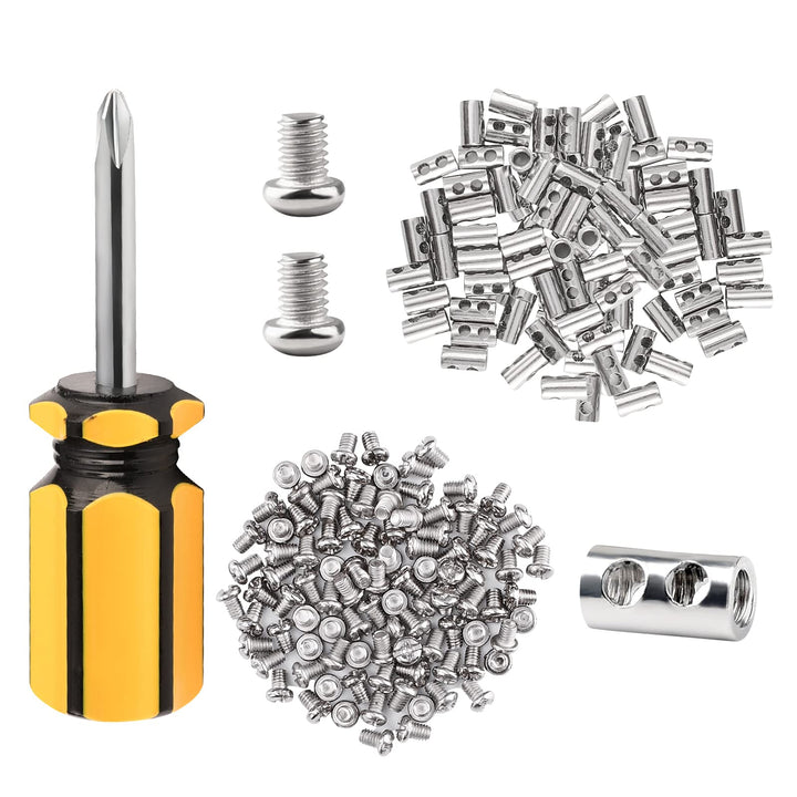 FSHIHINE 100PCS Wire Rope Clips Clamp Adjustable Wire Rope Grips for 1-2 mm Diameter Wire Rope and Cable Wire Rope Lock with End Screw Stopper and Screwdriver I Shaped Wire Rope Clamp