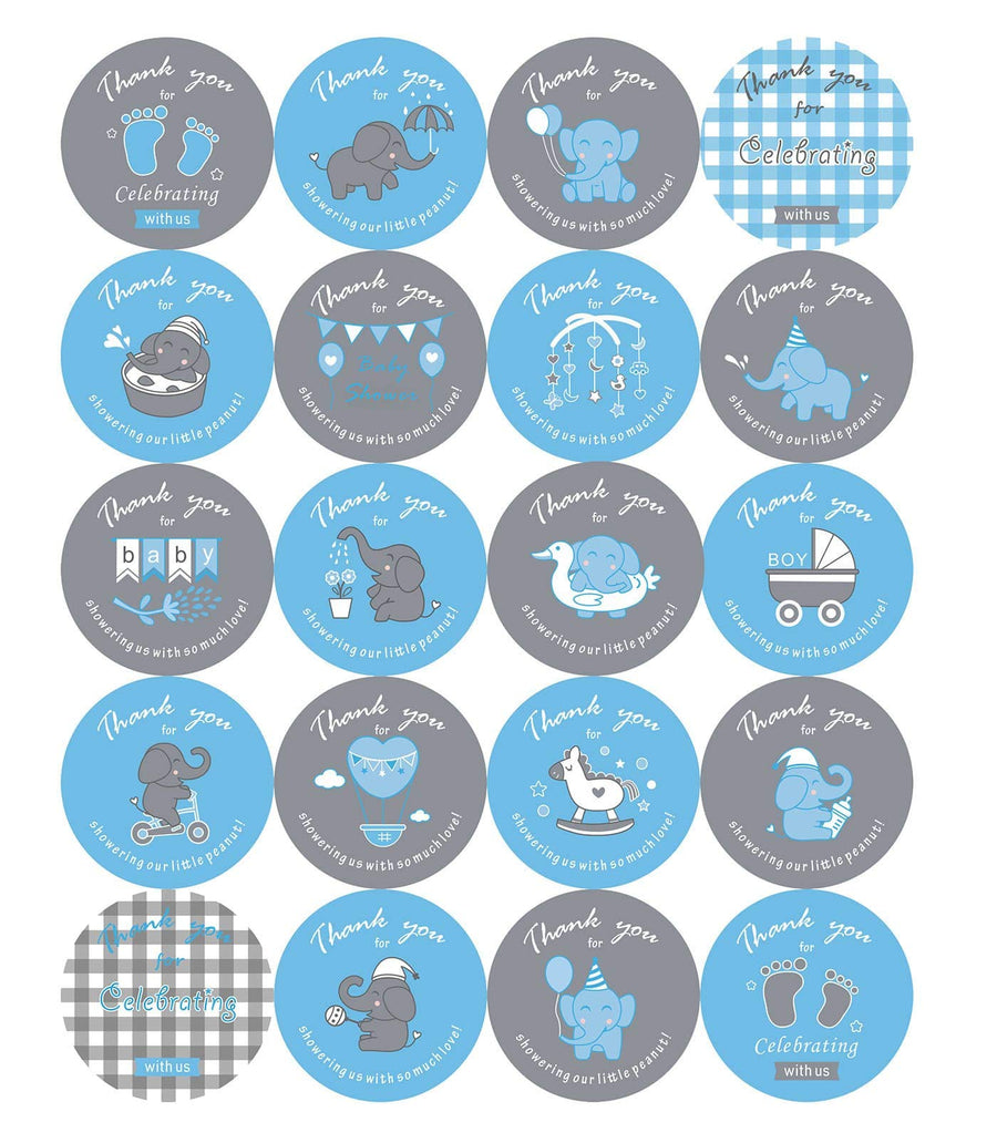 2 inch Elephant Theme Baby Shower Thank You Stickers, Baby Shower Favor Labels -100 Count (Blue)